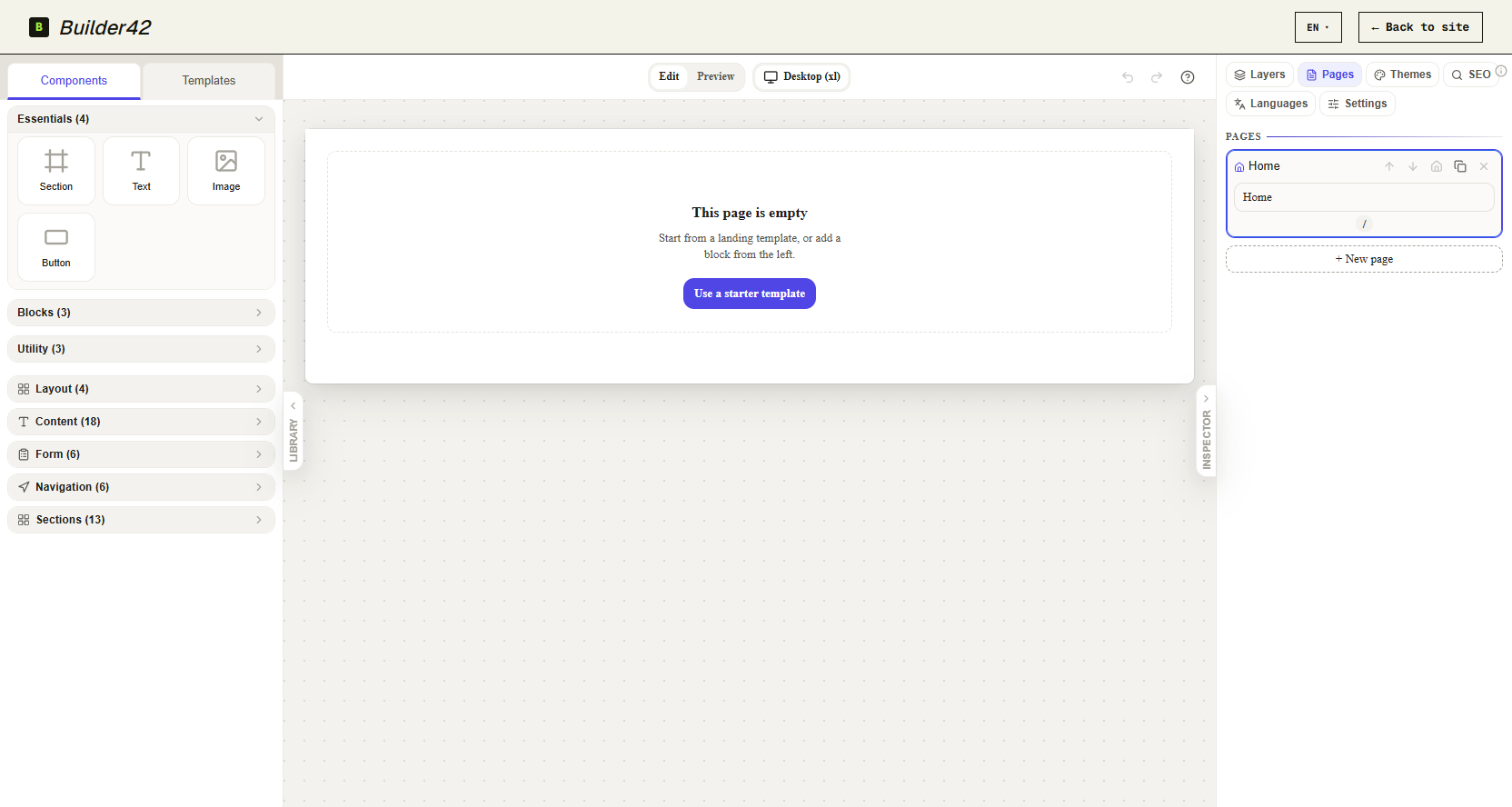 Builder42 freshly opened on an empty page, with the component palette on the left, the empty canvas in the middle and the page list on the right.