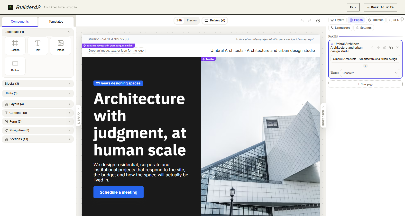The Architecture studio template applied and rendered on the canvas, with a parallax hero image and a bold headline, the page's own name shown in the header.