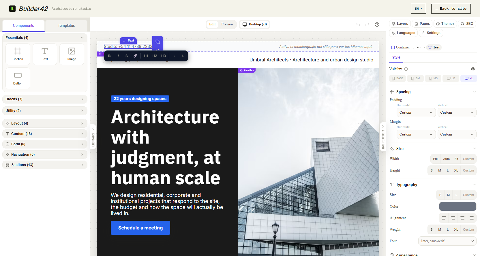 A text block being edited in place on the canvas, with the inline formatting toolbar above it and the inspector's Style tab open on the right.